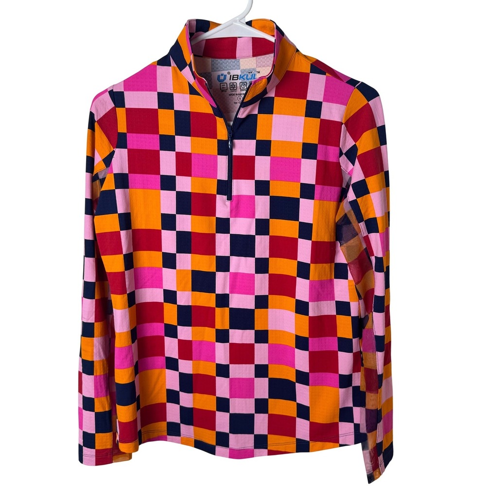 IBKÜL Quarter Zip Top Women S Pink Checkered Long Sleeve UPF 50+ Performance